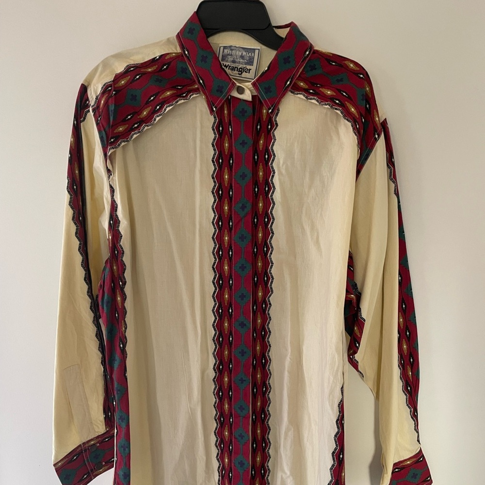 Vintage Wrangler Western Wear Women’s Button Down White Aztec Cowgirl Shirt Lg